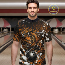 Load image into Gallery viewer, Man wearing a bowling shirt with a dragon design in a bowling alley.