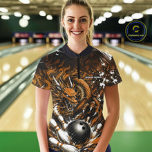 Load image into Gallery viewer, Woman wearing a bowling shirt with a dragon design in a bowling alley.