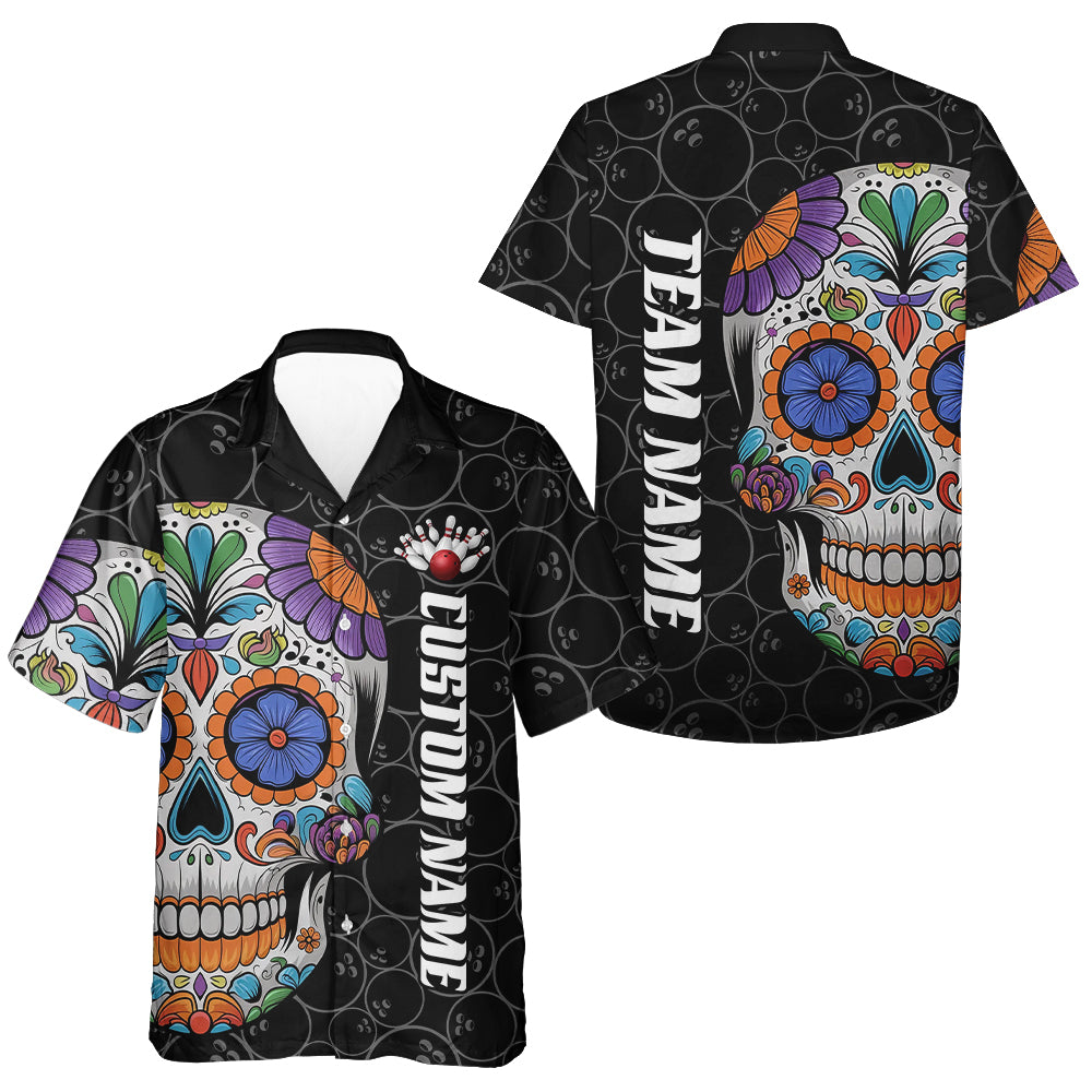 Custom Sugar Skull Bowling Hawaiian Shirts For Men, Halloween Bowling Team Shirts IPHW7426