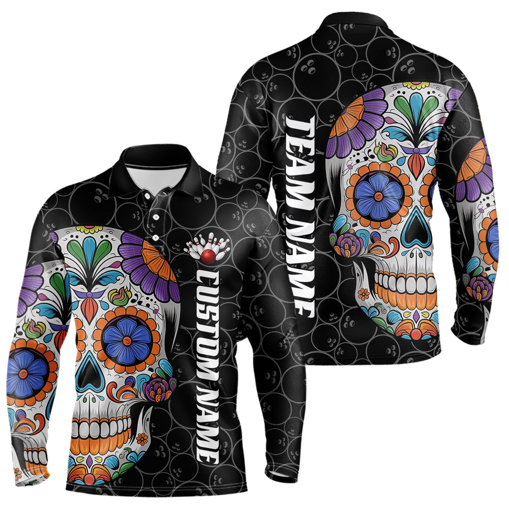 Custom Sugar Skull Bowling Long Sleeve Polo Shirts For Men, Halloween Bowling Team Shirts IPHW7426
