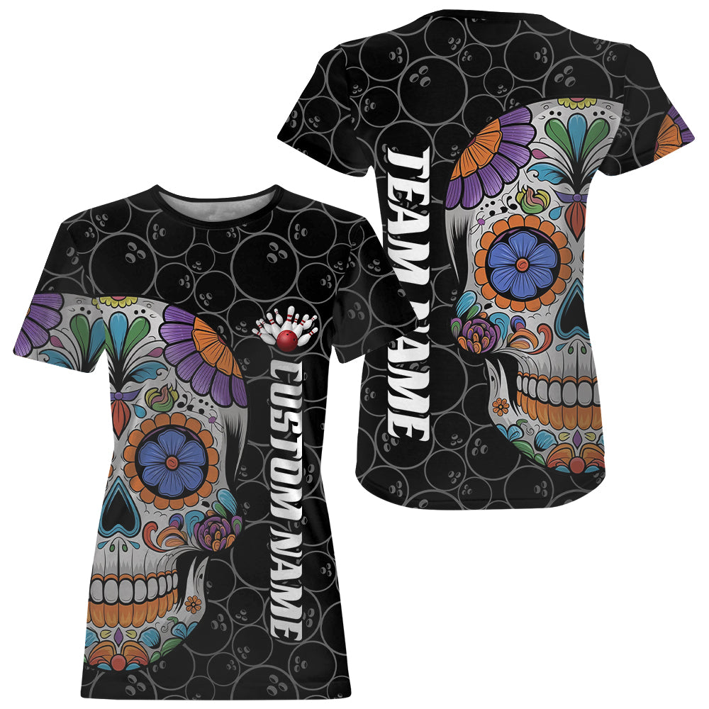 Custom Sugar Skull Bowling T-Shirts For Women, Halloween Bowling Team IPHW7426