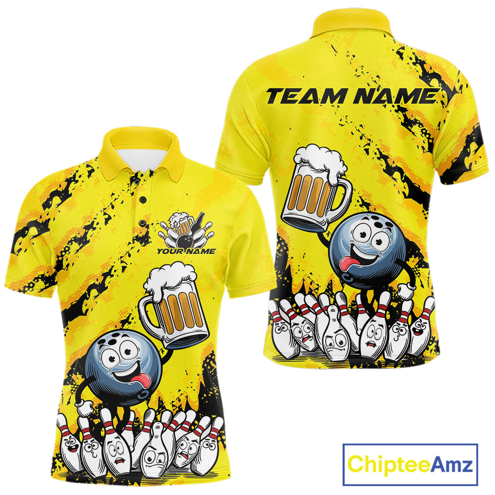 Custom Yellow Funny Bowling Men Polo Shirts, Bowling And Beer Party Bowlers Outfit IPHW9829