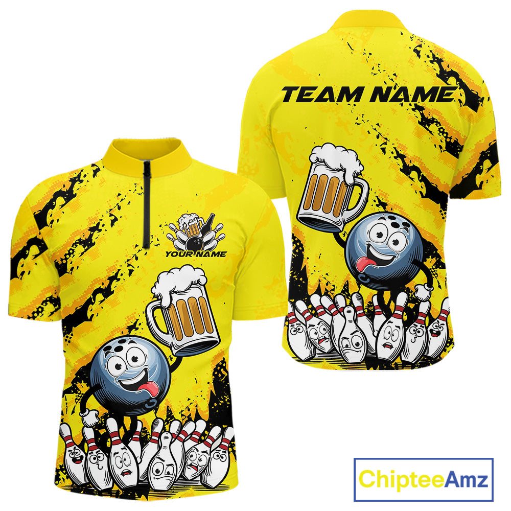 Custom Yellow Funny Bowling Men Quarter-Zip Shirts, Bowling And Beer Party Bowlers Outfit IPHW9829