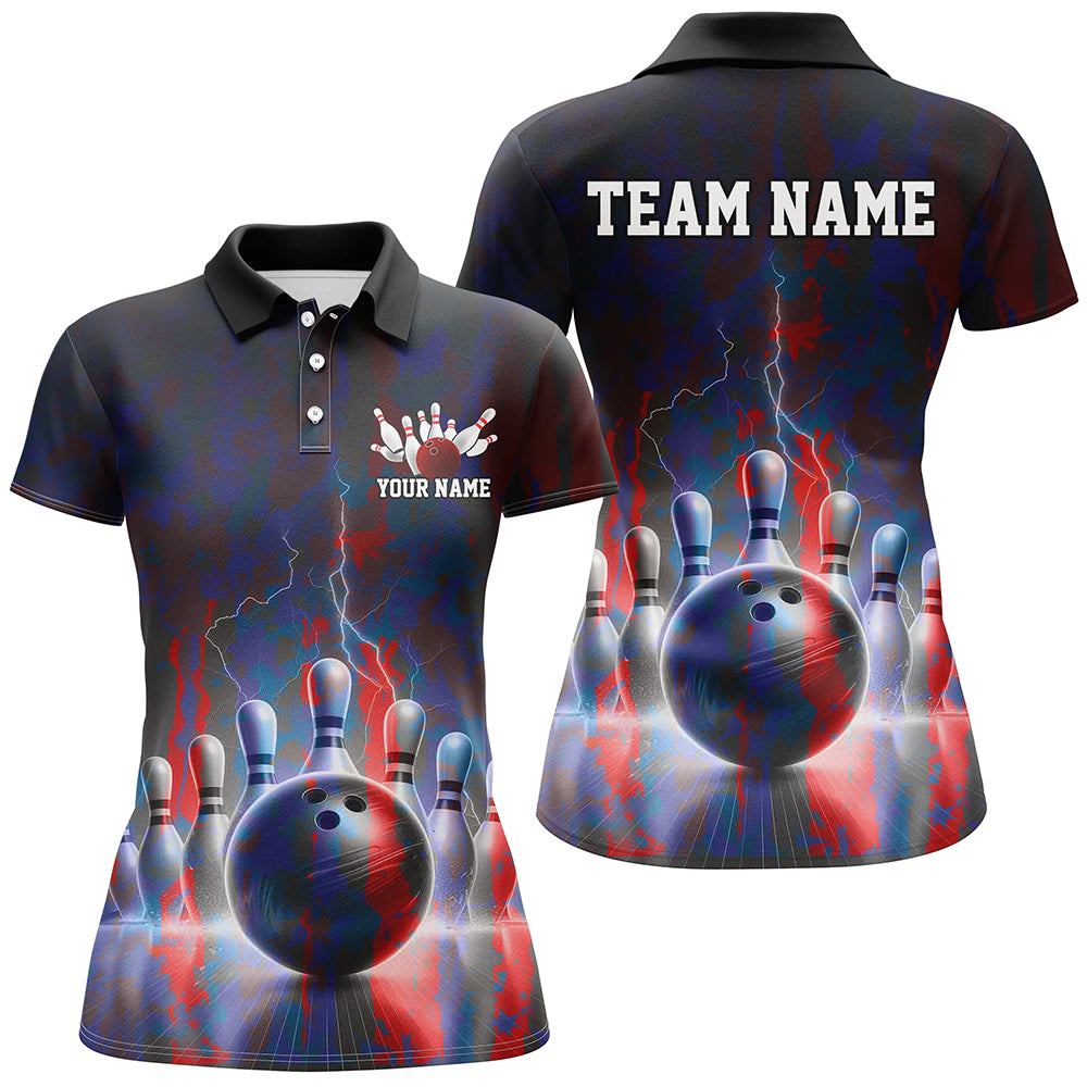 Electric Blue And Red Lightning Women's Bowling Shirts, Stormy Night Bowling Team Shirt IPHW7714