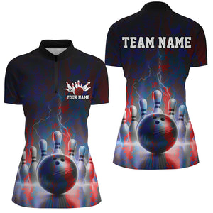 Electric Blue And Red Lightning Women's Bowling Shirts, Stormy Night Bowling Team Shirt IPHW7714