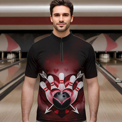 Custom Valentine Bowling Heart And Arrow Quarter-Zip Shirts For Men, Couple Bowling Outfits IPHW8368