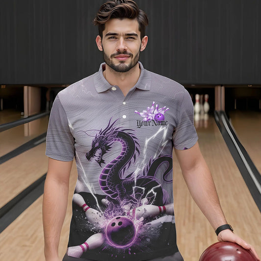 Custom Purple Thunder Lightning Dragon Bowling Polo Shirts For Men, Bowling Team Uniform IPHW8558