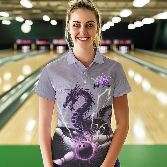 Custom Purple Thunder Lightning Dragon Bowling Polo Shirts For Women, Bowling Team Uniform IPHW8558