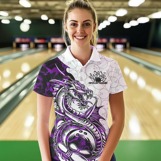 Custom Purple Camo Dragon Bowling Tattoo Women Polo Shirt, Dragon Bowling League Team Shirt IPHW8885