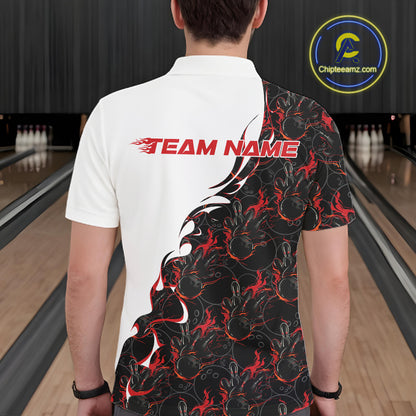 Back view of a male model in a bowling lane wearing a white polo shirt featuring red and black flame bowling pattern with energetic athletic styling.