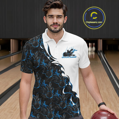 Front view of a male model in a bowling lane wearing a white polo shirt with blue and black flame bowling pattern and energetic bowling visuals.