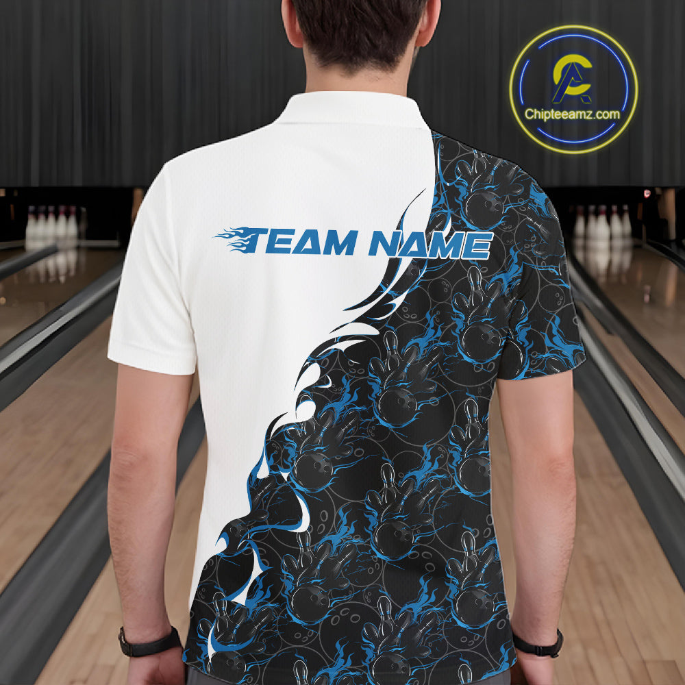 Back view of a male model in a bowling lane wearing a white polo shirt featuring blue and black flame bowling pattern with bold athletic styling.