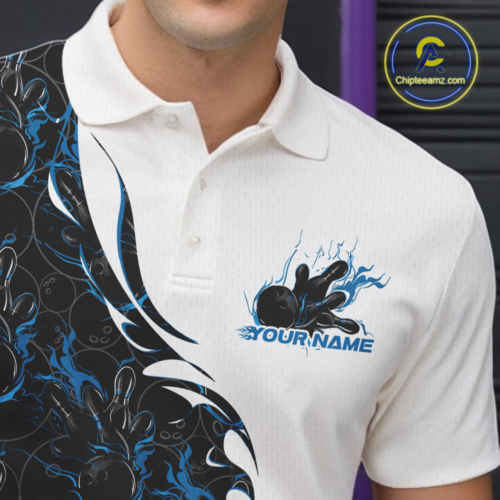 Close-up view of the left chest of a white bowling polo shirt showing blue and black flame bowling pattern with detailed sporty design elements.
