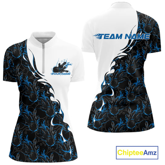 Front and back view of a womens white bowling quarter-zip shirt mockup featuring blue and black flame bowling pattern with energetic bowling-inspired graphics.
