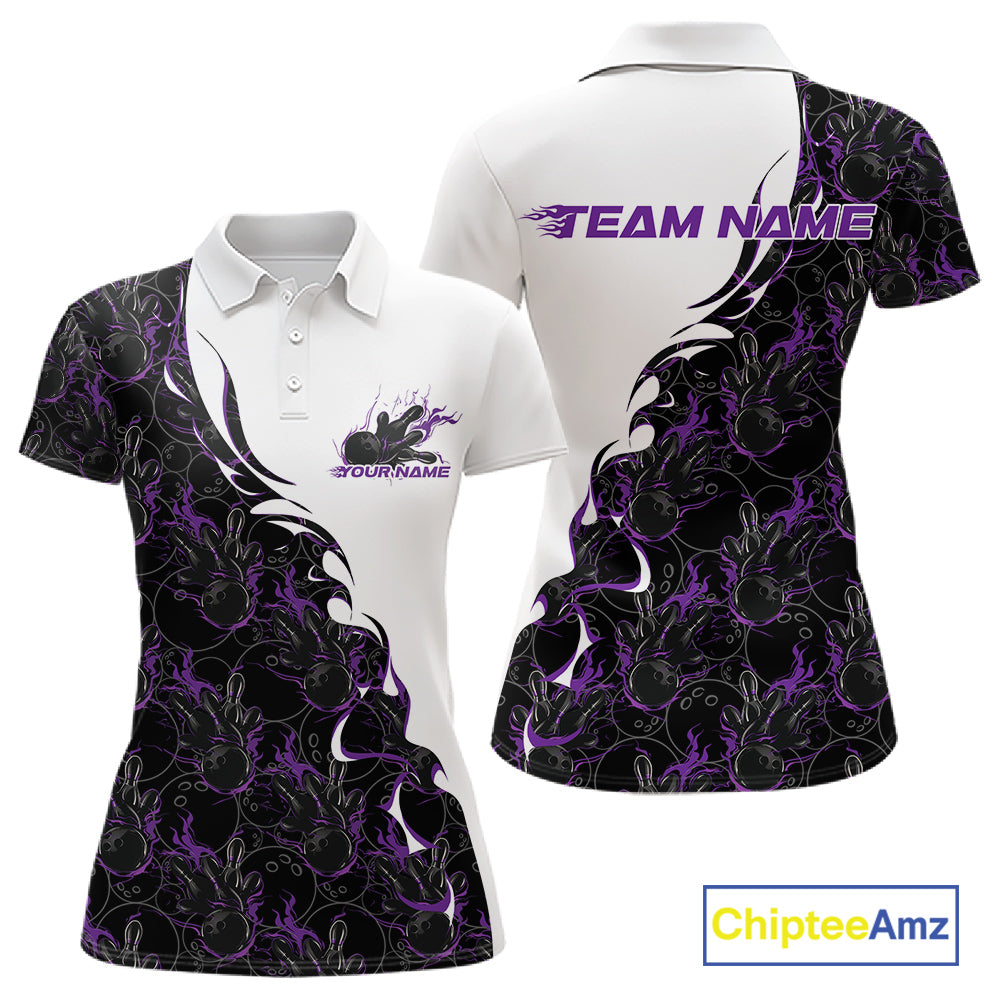 Front and back view of a white womens bowling polo shirt mockup featuring purple and black flame bowling pattern with modern sporty design.