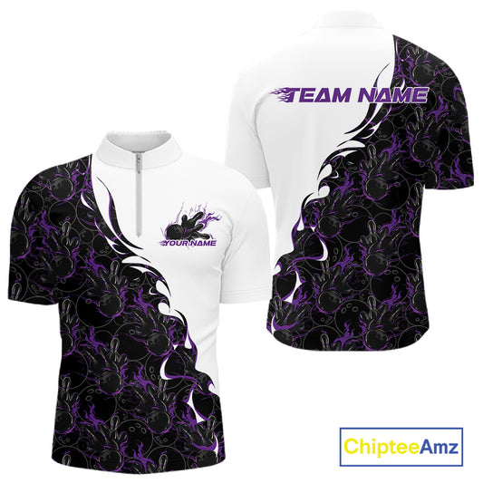 Mens quarter zip bowling shirt mockup showing white shirt with purple and black flame bowling pattern in a bold front and back layout