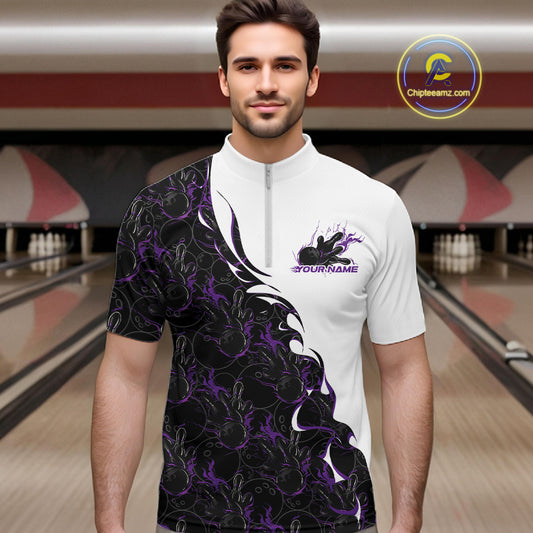 Male model at a bowling lane wearing white quarter zip shirt, front view showcasing purple and black flame bowling pattern with energetic design artwork