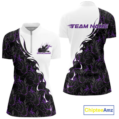 Front and back view of a womens white bowling quarter-zip shirt mockup with purple and black flame bowling pattern and vibrant sporty design elements.