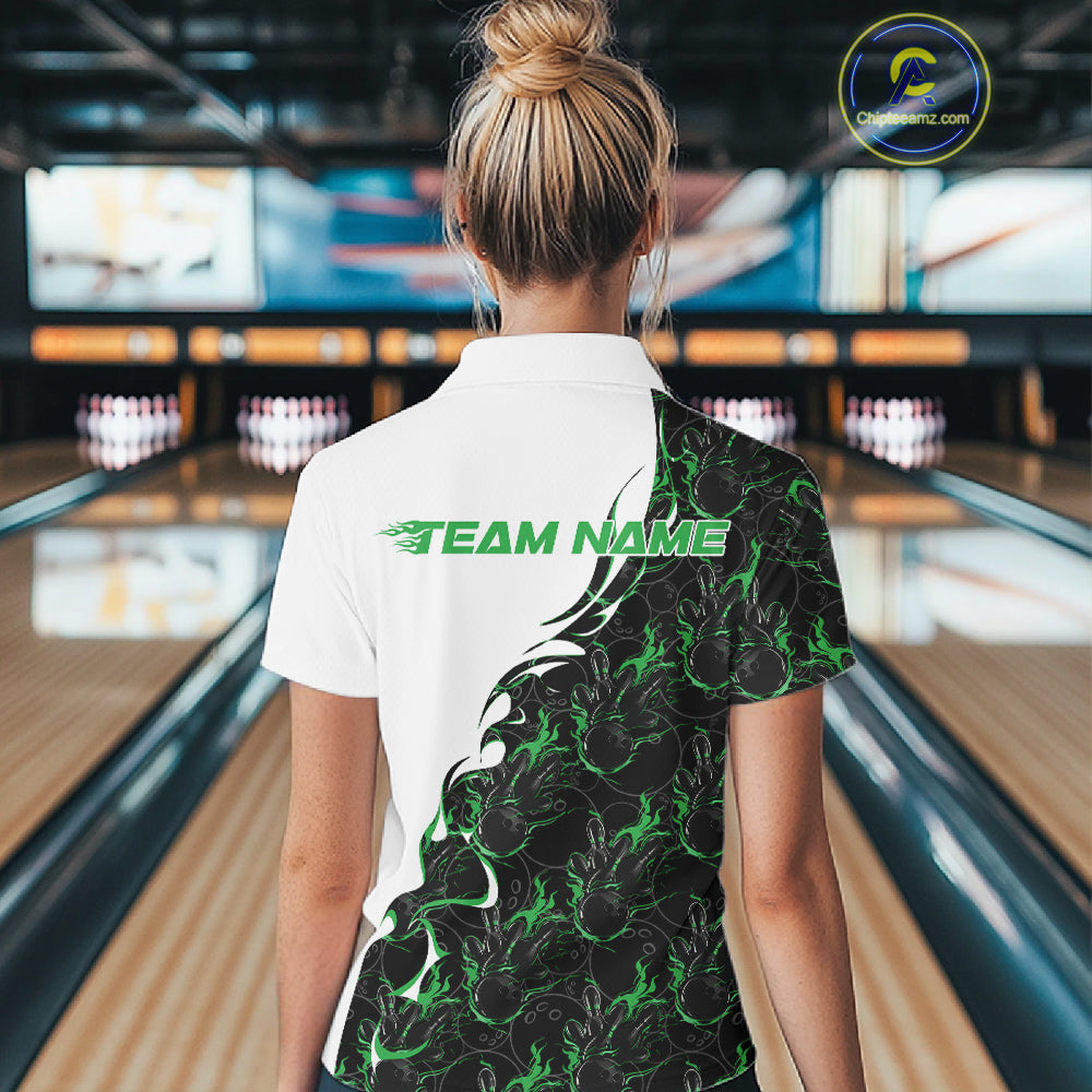 Back view of a female model in a bowling lane wearing a white polo shirt featuring green and black flame bowling pattern with clean athletic bowling design.