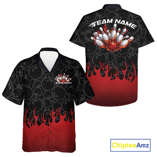 Front and back view of a black button-up bowling shirt mockup showcasing bowling ball pattern with vibrant red flames rising and dynamic bowling strike visuals.