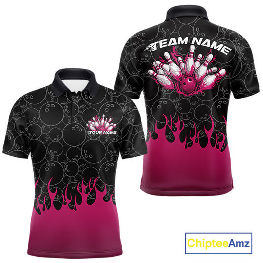 Front and back view of a mens black bowling polo shirt mockup featuring bowling ball pattern with vibrant pink flames rising and bold bowling design.