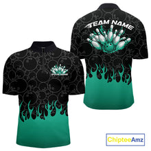 Load image into Gallery viewer, Custom Turquoise Green Flame Bowling Team Jerseys, Men Quarter-Zip Bowling Tournament Shirt IPHW11276