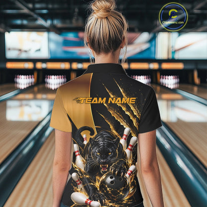 Custom Black And Gold Claw Marks Black Panther Women Bowling Polo Team Shirt IPHW11631