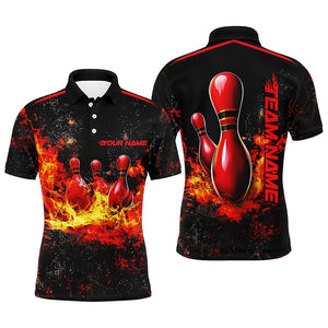 Black And Red Bowling Pins In Flame Custom Bowling Team Shirt For Men, Bowling League Shirts IPHW7721