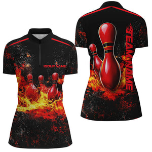 Black And Red Bowling Pins In Flame Custom Ladies Bowling Team Shirts, Bowling League Shirts IPHW7721