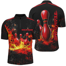 Load image into Gallery viewer, Black And Red Bowling Pins In Flame Custom Bowling Team Shirt For Men, Bowling League Shirts IPHW7721