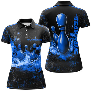 Black And Blue Bowling Pins Flame Custom Ladies Bowling Team Shirts, Bowling League Shirts IPHW7722