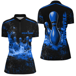 Black And Blue Bowling Pins Flame Custom Ladies Bowling Team Shirts, Bowling League Shirts IPHW7722