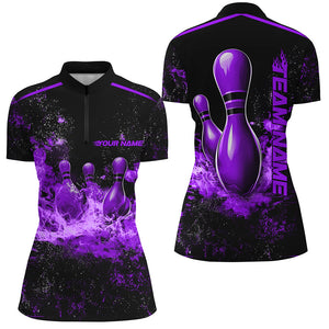 Black And Purple Bowling Pins Flame Custom Ladies Bowling Team Shirt, Bowling League Shirt IPHW7723