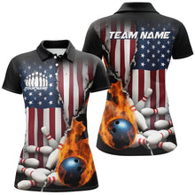 Load image into Gallery viewer, Custom Patriotic Ladies Bowling Team Shirts, US Flag Flame Bowling League Shirt IPHW7725