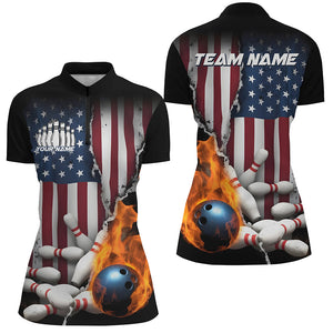 Custom Patriotic Ladies Bowling Team Shirts, US Flag Flame Bowling League Shirt IPHW7725