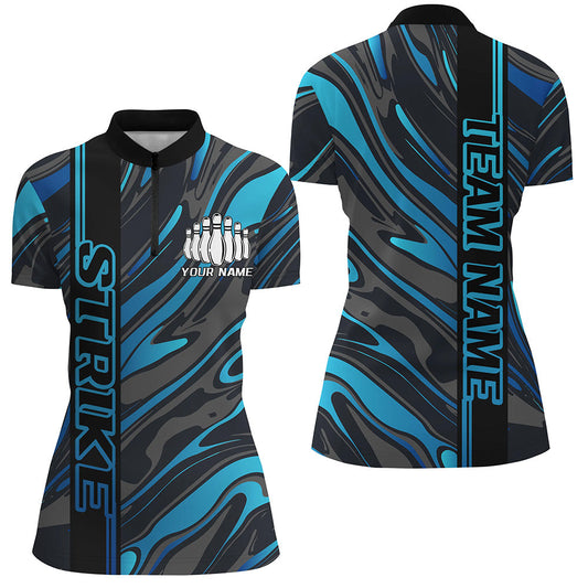Custom Blue Camo Strike Bowling Quarter-Zip Shirts For Women, Striking Bowling Team Uniform IPHW8141