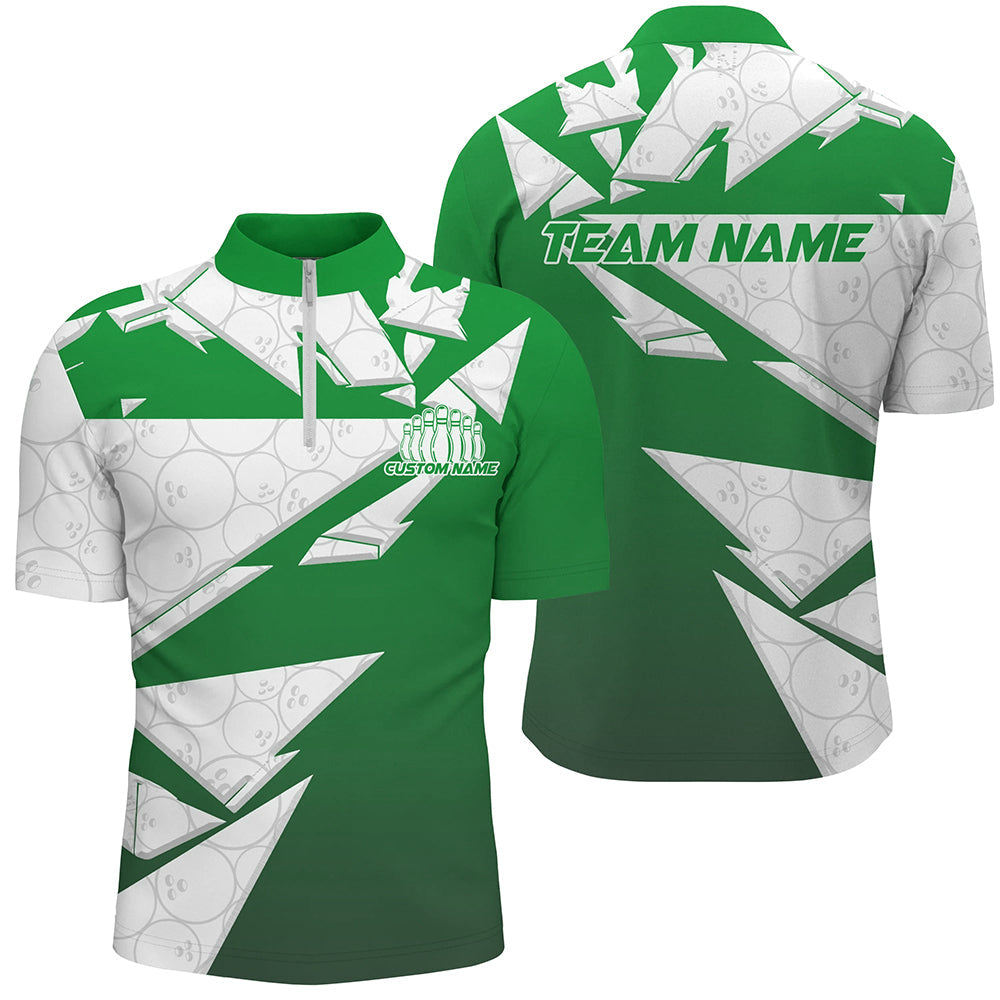 Custom White And Green Bowling Quarter-Zip Shirts For Men, Bowling League Shirt IPHW8144