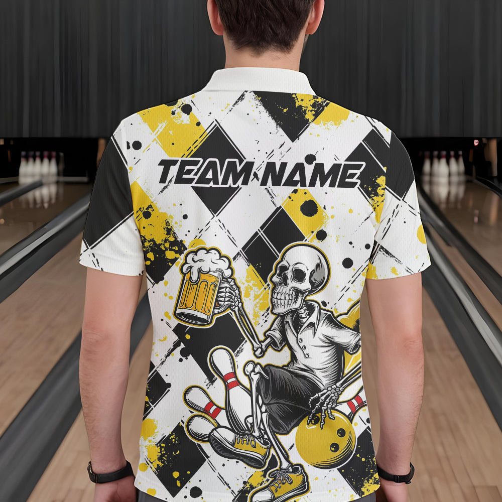 Custom Yellow Argyle Pattern Funny Skeleton Bowling And Beer Men Polo Shirts, Team Outfit IPHW8892
