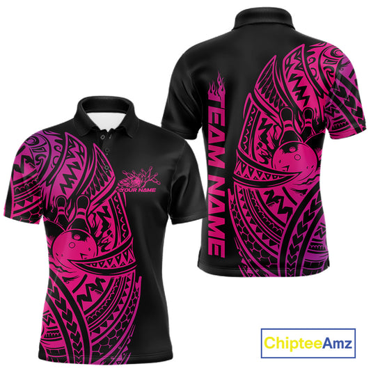 Front and back views of a black and pink mens bowling polo shirt featuring bowling ball and pin graphics framed by bold tribal swirls.