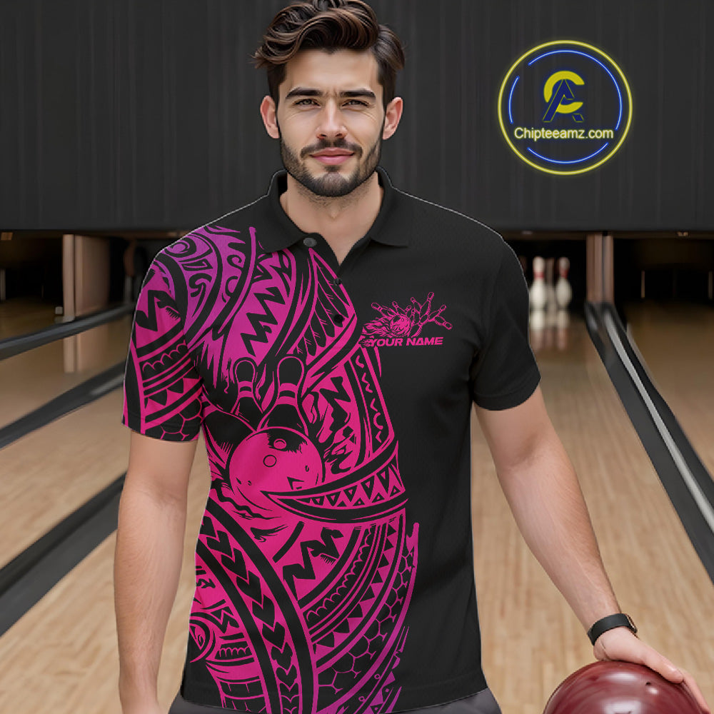 Male model wearing a black and pink bowling polo shirt at the bowling lane with Polynesian-inspired bowling artwork.