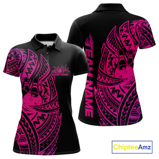 Front and back views of a black and pink womens bowling polo shirt featuring bowling pins and a ball framed by bold tribal swirls.