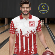 Load image into Gallery viewer, Man wearing a red and white sports jersey with an American flag design on a bowling alley.