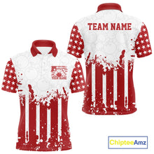 Load image into Gallery viewer, Red and white polo shirt with American flag design and 'Team Name' text on a white background.
