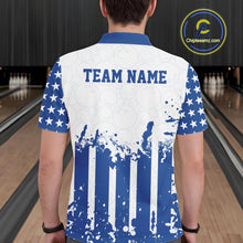 Load image into Gallery viewer, Person wearing a blue and white bowling shirt with 'TEAM NAME' on the back, in a bowling alley.