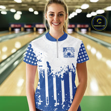 Load image into Gallery viewer, Female bowling team matching in personalized blue patriotic US flag quarter-zip jerseys at the lanes.