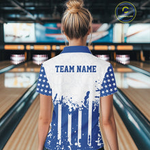 Load image into Gallery viewer, Custom blue American flag patriotic women's bowling quarter-zip shirt with customized team text field.