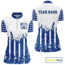 Load image into Gallery viewer, Front and back product preview of a custom blue patriotic stars and stripes women's bowling jersey.