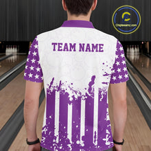 Load image into Gallery viewer, Male model showcasing the back design of a custom purple and white patriotic stars and stripes men's bowling polo shirt with a customizable "TEAM NAME" text template inside a bowling alley.