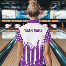 Load image into Gallery viewer, Custom purple American flag patriotic women's bowling quarter-zip shirt with personalized league team name.