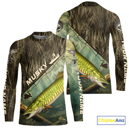 Grass Camo Custom Musky Fishing Kid Long Sleeve Tournament UV Protection Fishing Shirts IPHW9350